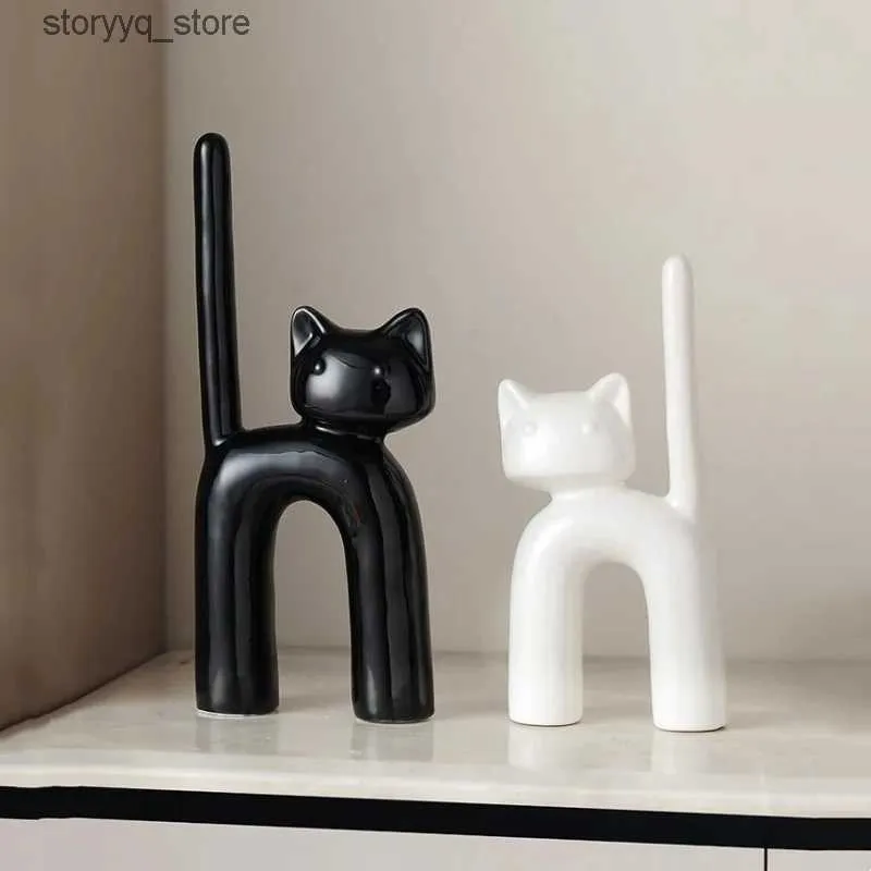 その他の家の装飾セラミック工芸品抽象猫漫画子猫h形状黒と白の磁器工芸動物彫刻家装飾Q240229