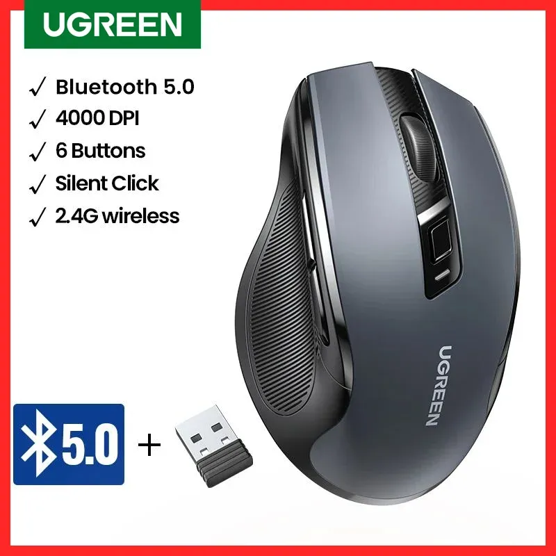 Mouse UGREEN Mouse wireless Mouse Bluetooth5.0 ergonomico 4000 DPI 6 pulsanti muti Mouse per MacBook Tablet Laptop Computer PC Mouse 2.4G