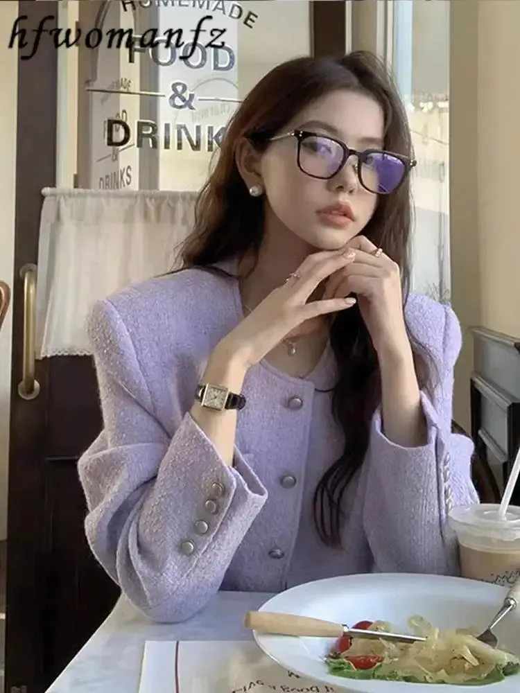 Purple coreano Solido corto corto cappotto di alta qualità Oneck Slim Lady Sweet Clothes Autunno Autunno Pulsante Giallo French Top 240226