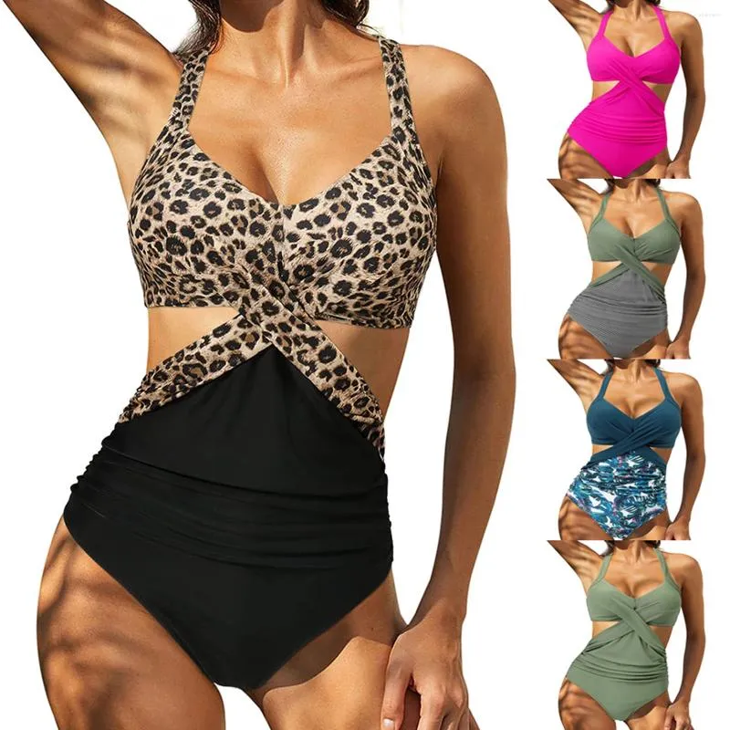 Mulheres Swimwear Mulheres Leopard Imprimir Oco Natação Bodysuit Skinny Fit Cintura Alta Verão Sexy Beach Roupas