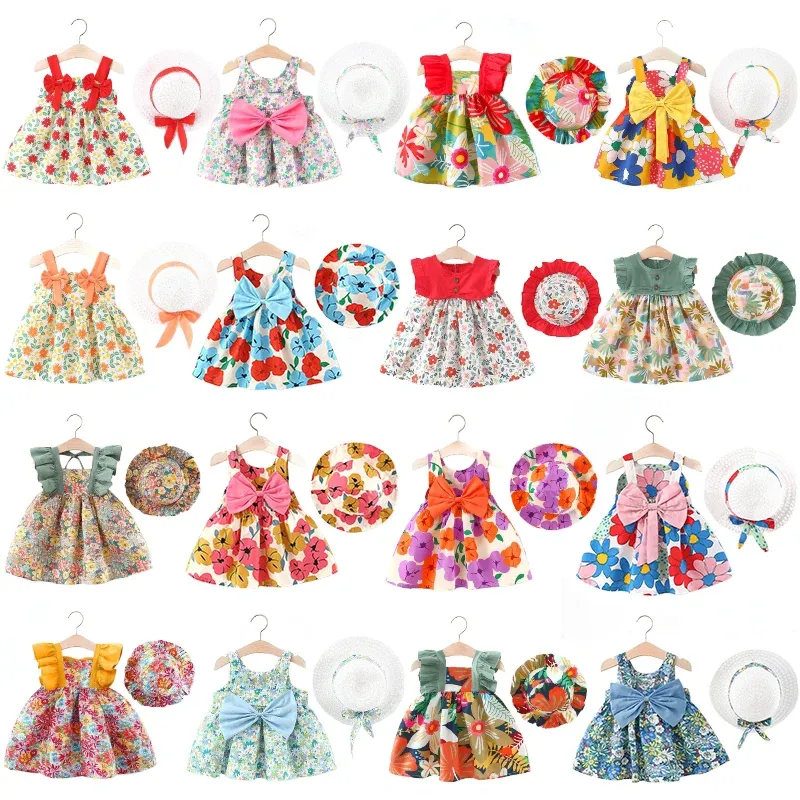 Set estivo in cotone per bambina, stile Boho, abito floreale vintage da bambino + cappello, set di abbigliamento per neonato, vestito da festa in spiaggia in giardino