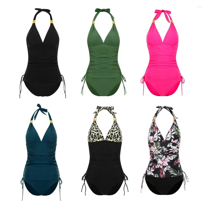 Women's Swimwear Women 2 Pieces Halter Tankini Bathing Suits Tummy Control V Neck Drawstring Tops With Bikini Bottom Female