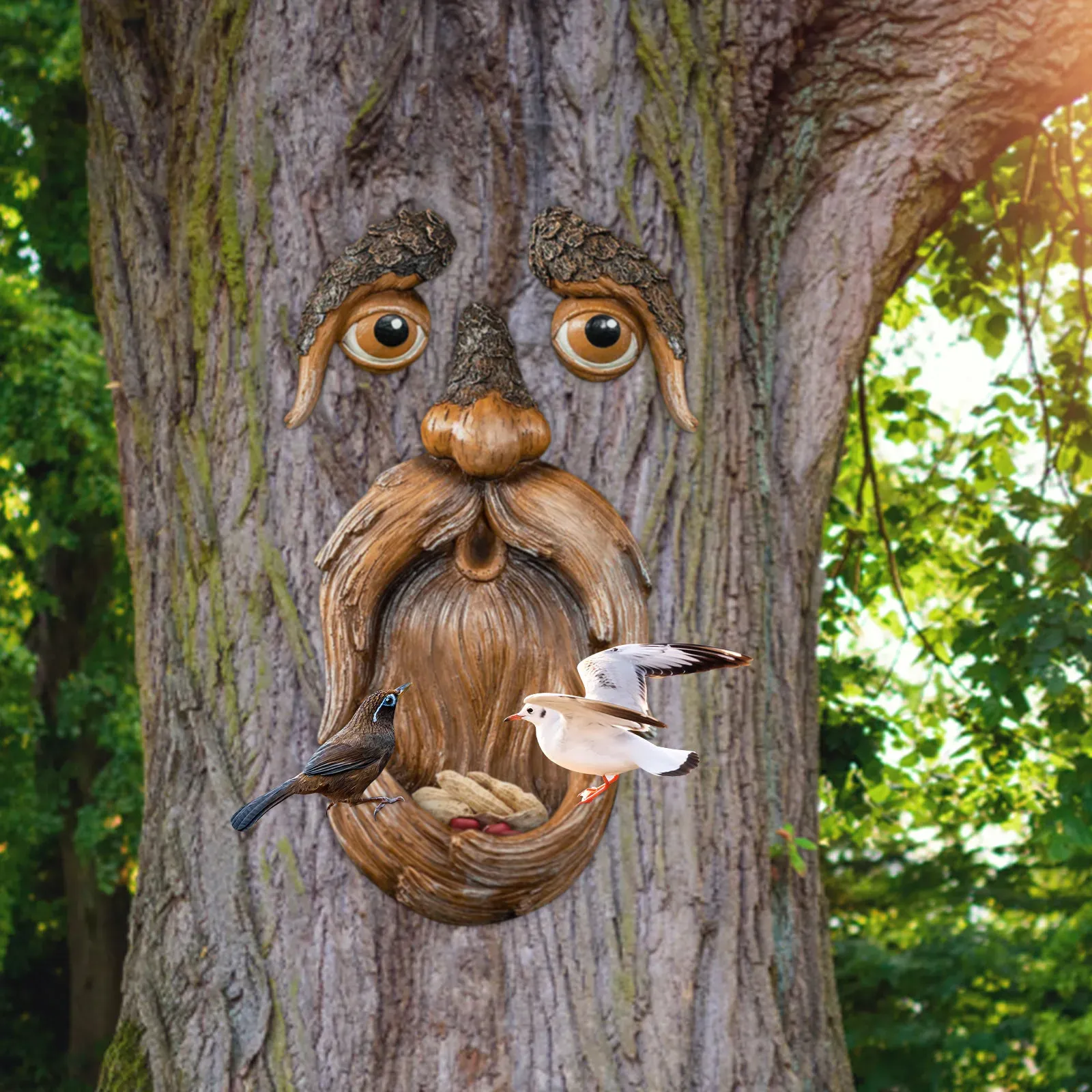 Nourrir Uniques Arbre Visage Décoratif Mangeoire À Oiseaux Sauvage 2 Big Eye Feeder Fantaisie Arbre Hugger Sculpture Extérieur Jardin Décor Oiseaux Maison