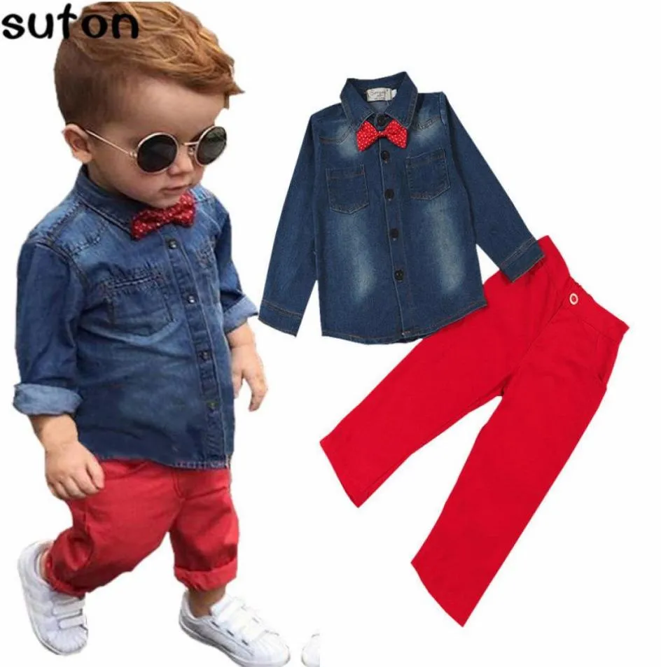 2018 Lente Mode Casual Children039s Kleding Set Baby Jongens Kleding Katoen Denim Shirts Met Lange Mouwen Rode Broek Kinderkleding 31077963