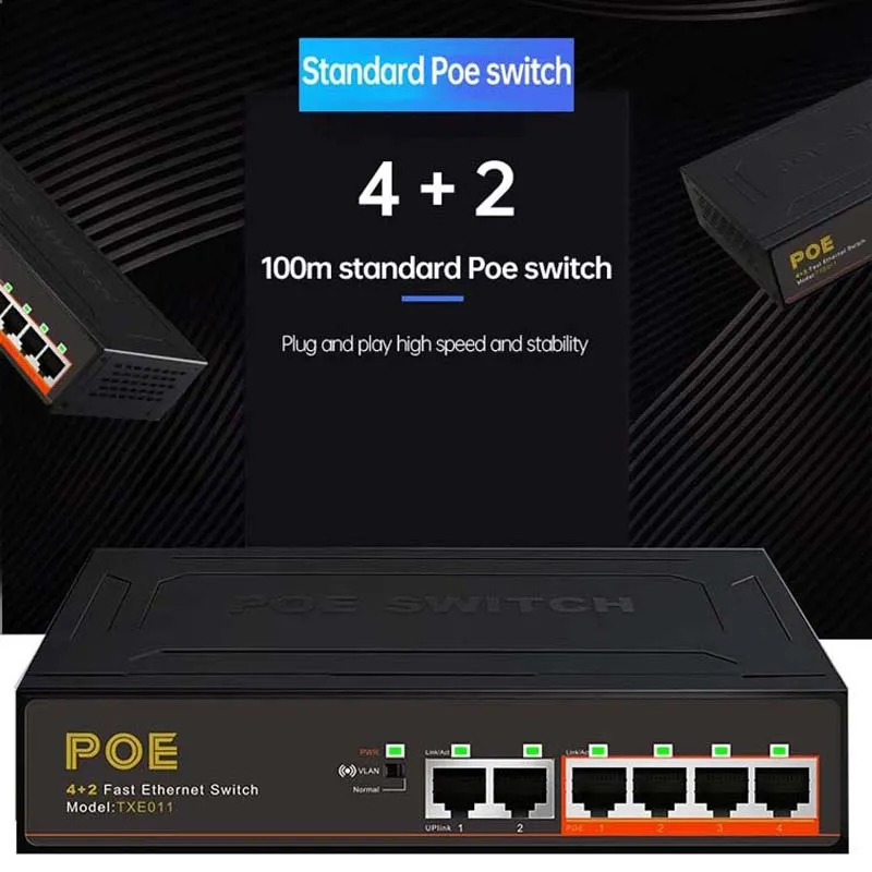 4+2 POE-switcher 100M 48V 4ch 8+2 POE-switcher voor AP-camera