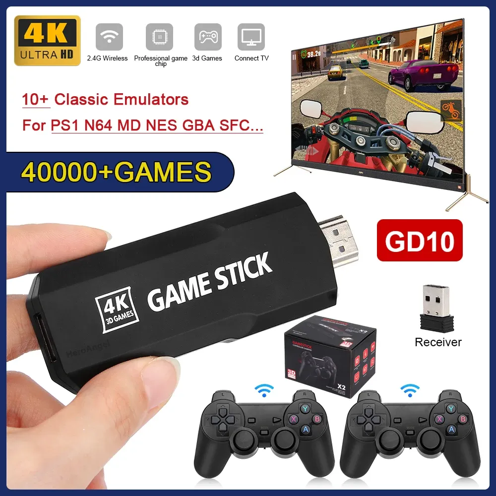 Consoles GD10 Game Stick 4K rétro Console de jeu vidéo 2.4G contrôleurs sans fil Emuelec 4.3 système 40000 jeux 40 simulateurs pour N64/SEGA