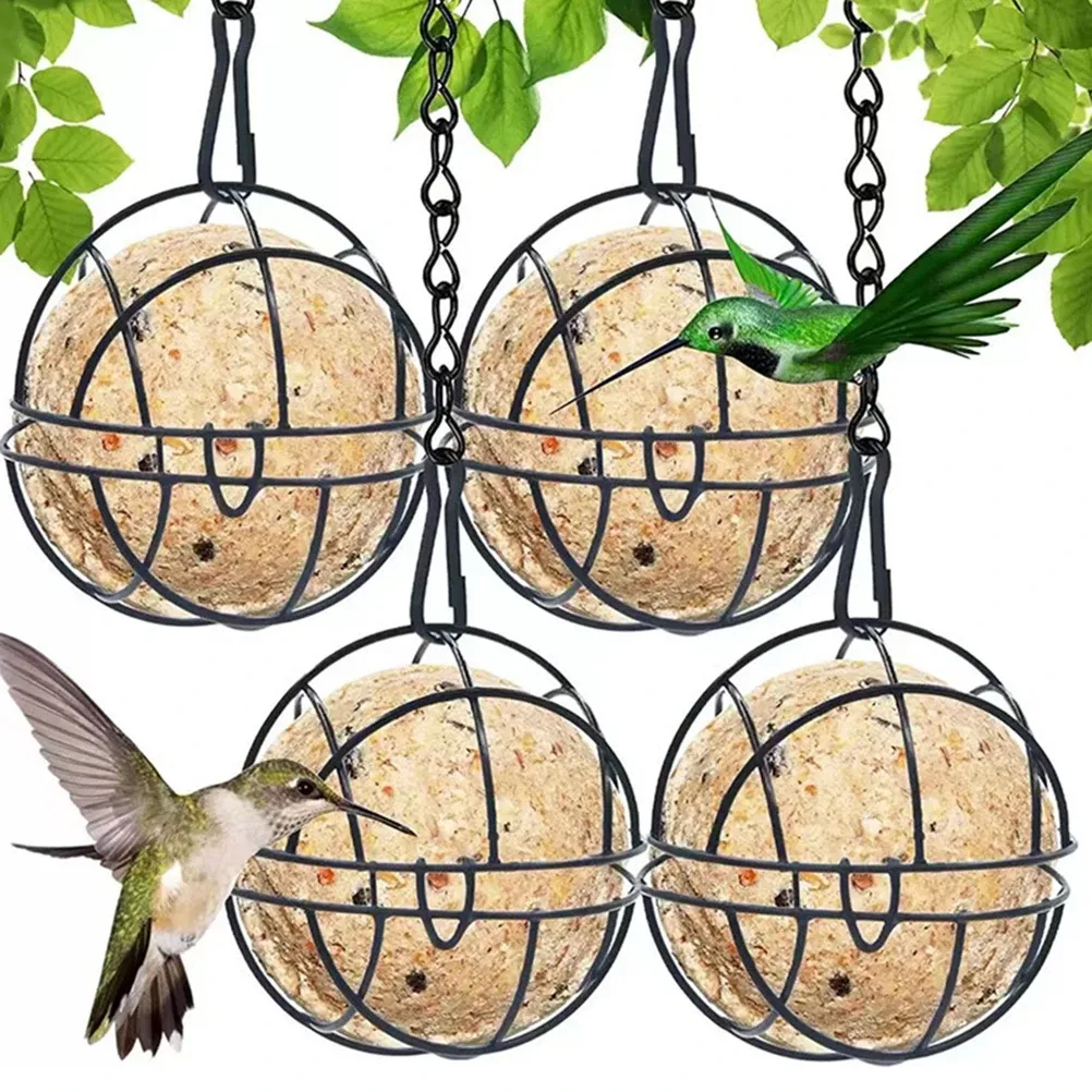 4つの太ったボールホルダーの給餌セット、ぶら下がっている鳥の餌箱、s字型フック付きの金属鳥の餌箱、野鳥の摂食ディスペンサー、庭