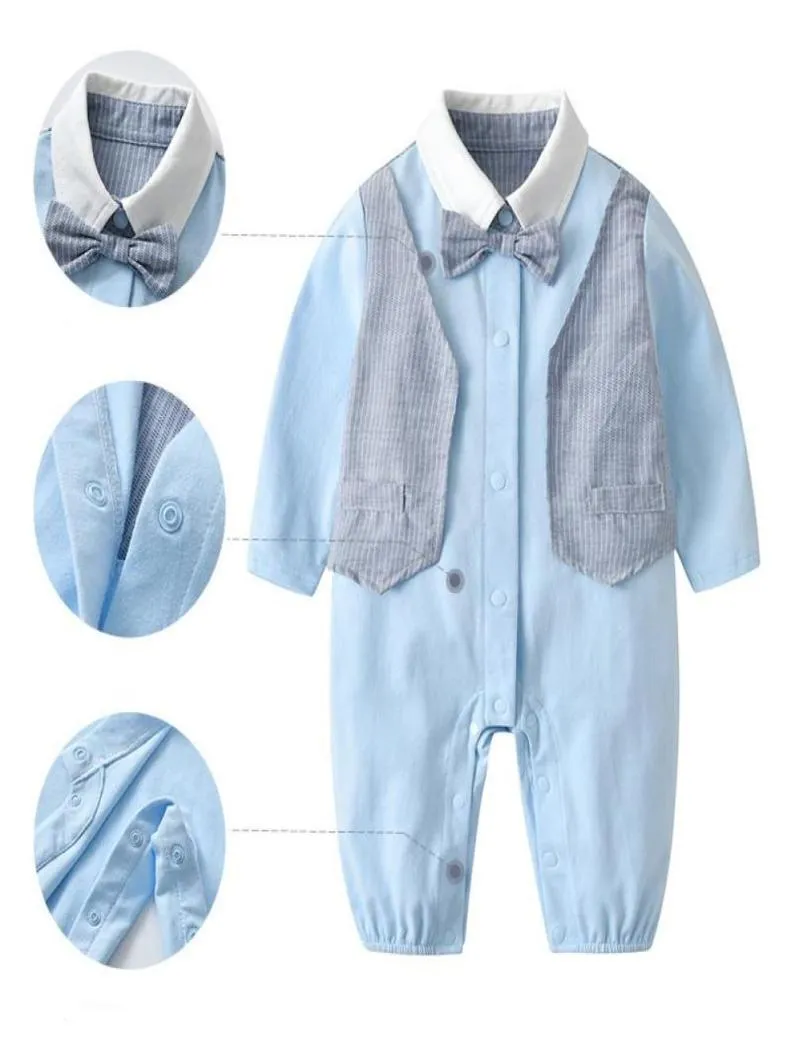 Jumpsuits Children039s Clothing Baby Boy Romper Bow Tie Fake Twopiece Waistcoat Blue Gentleman Oneyearold Dress Longsleeved1302935