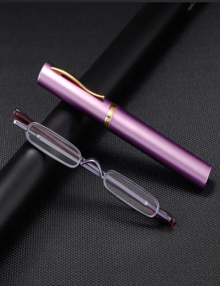 Mini óculos de leitura compacto fino, óculos de leitura de bolso barato para homens e mulheres com clipe de caneta e tubo case7905940
