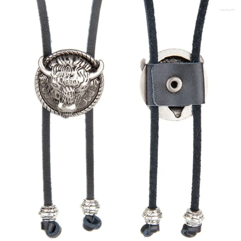 Cravates d'arc Western Vintage Bolo Cravate pour hommes Crâne de vache Designs Cowboy Noir Cravate en cuir Collier Bijoux