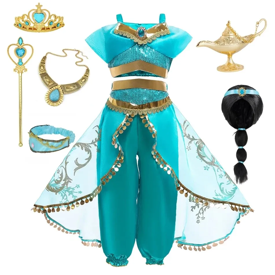 Ställer Jasmine Costume For Girls Princess Dress Up Of Aladdin The Magic Lamp kostym Girls Födelsedagsfest Halloween Fantasy Top Pants