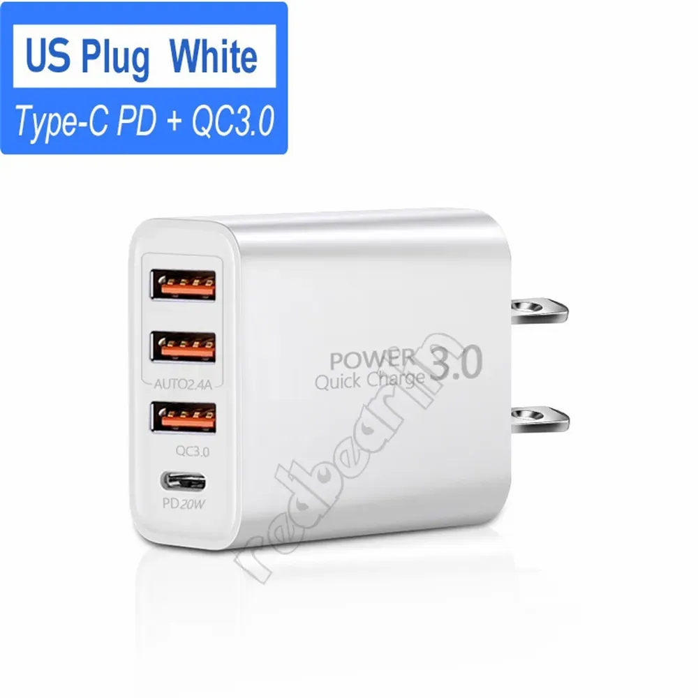 30W Fast Quick Charge PD Type c USB-C  Eu US UK AC Home Travel 4Ports Wall Chargers Power Adapter For IPhone 11 12 13 14 Samsung Lg M1