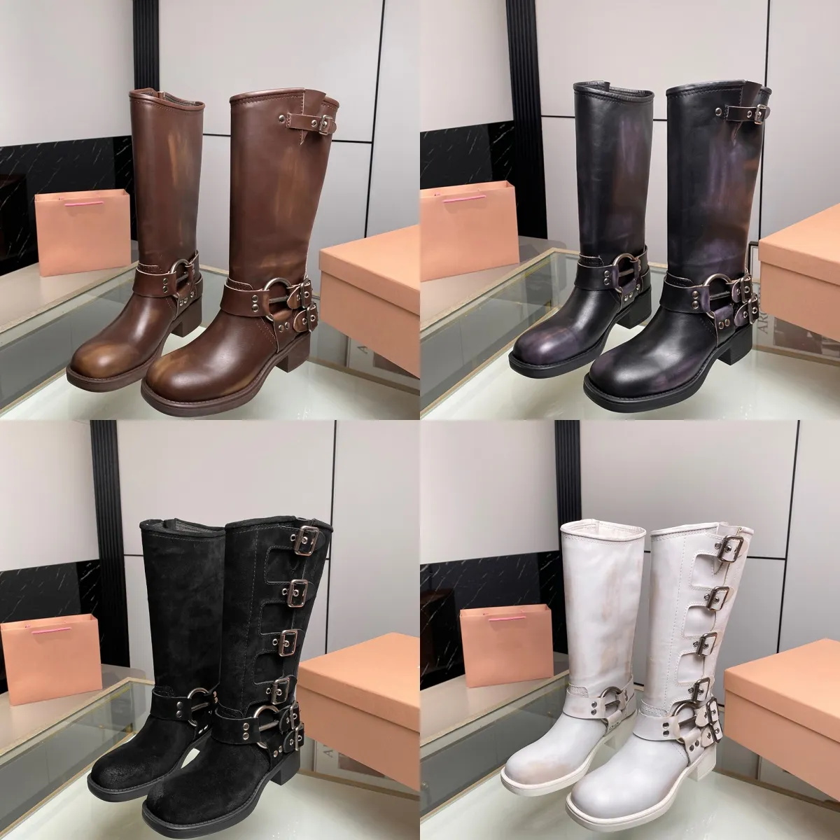 أحذية الكعب مكتنزة كعب الراحة حزام حزام البقر من الجلد راكب الدراجة النارية ركبة الركبة Zip Knight Boots أزياء مربع أخمص القدمين أحذية الكاحل K4it#