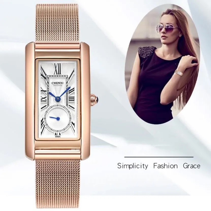 Chenxi Women Watches Luxury Square Rose Gold Siats Pass Ladies Watch Fashion Quartz do bransoletki294i