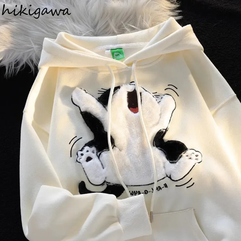 Ropa Mujer Hooded Japanese Anime Hoodie Women Clothing Flocking Cat Oversized Tops Streetwear Vintage Chic Y2k Sweatshirts 240219