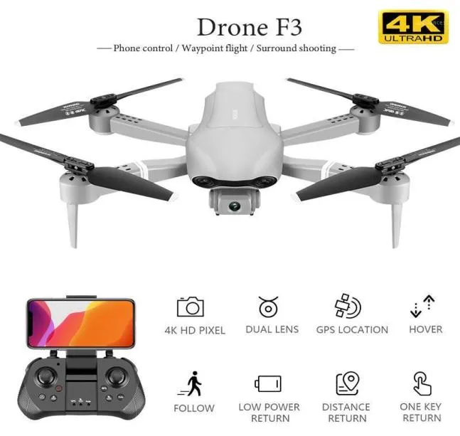 Drone F3 avec Gps 4k 5g Wifi vidéo en direct Fpv Quadrotor 25 Minutes Rc Distance 500m Drone Hd grand angle double caméra Rc Dron11904585