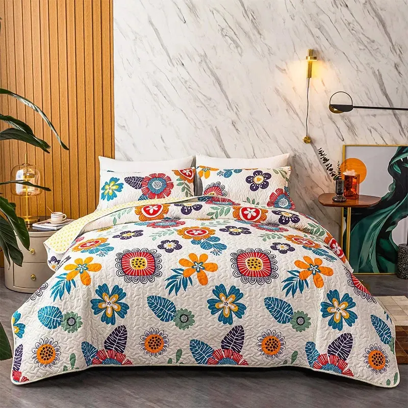 Fashion Bedding Quilted Bedspread Floral Print Patchwork Coverlet Summer Quilt Blanket Cubrecam Bed Cover Colcha No Pillowcase 240227