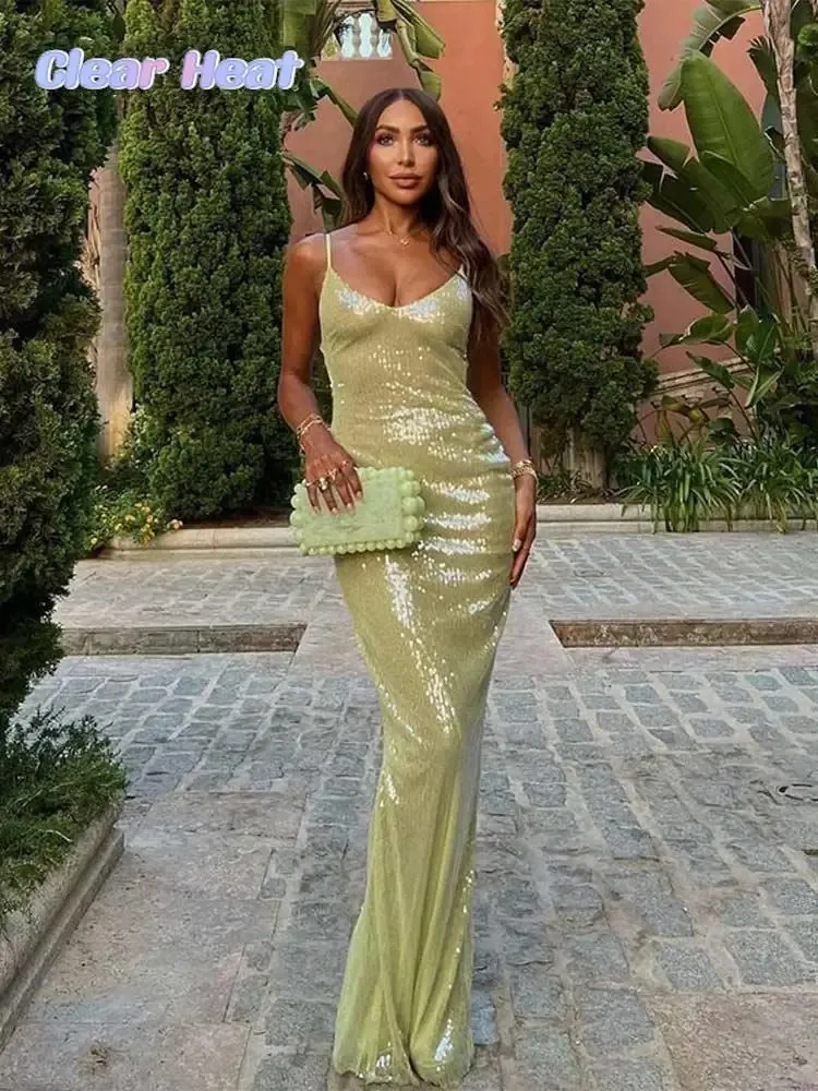 Green sequin V-neck spaghetti womens shoulder strap dress sexy V-neck sleeveless backless Maxi Vesidos womens nightclub party dress 240229