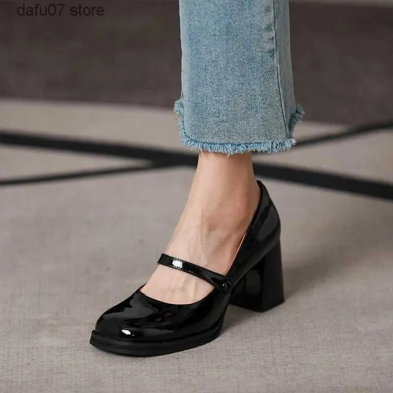 Dress Shoes Simple Pumps Mary Janes Elegant 7 CM Heel Square Toe Girls For Daily Cow Patent Leather Spring Autumn Slip On WomenH24229