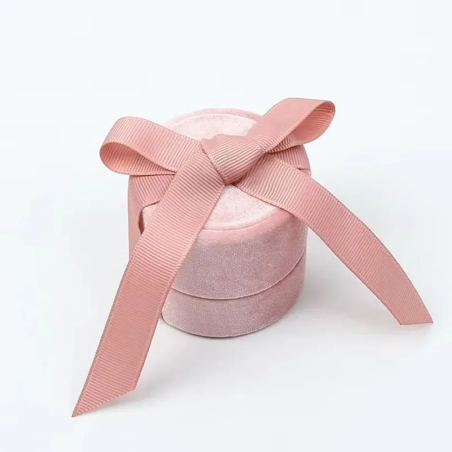 Komplette Schmuckverpackung aus rosa Samt mit runder Schleife für Ringanhänger und Halskette 2024228