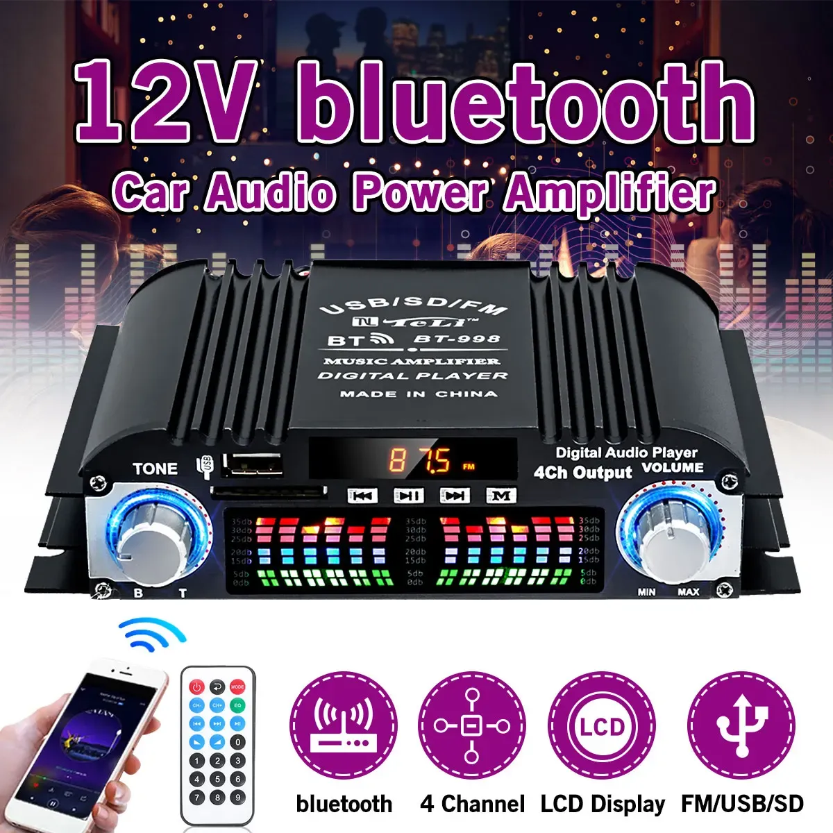 Amplificatore BT998 Hifi Audio Home Amplificatori digitali Car Audio Bass Power Amplificatore bluetooth FM USB SD Radio Altoparlanti subwoofer 12V / 220V
