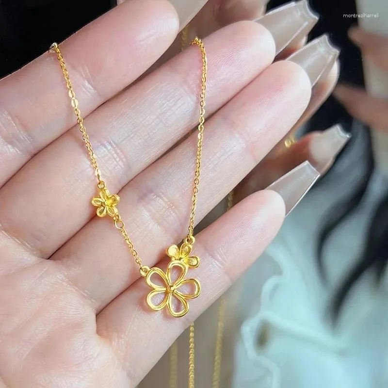 Colgantes Collar de flores huecas de Color dorado puro de 24k para mujer, conjunto de cadena con colgante en forma de O, regalos de joyería