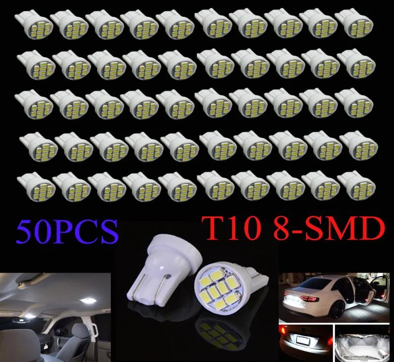 50Pcs White T10 Wedge 8SMD 1206 LED Light bulbs W5W 2825 158 192 168 194 Gauge Instrument Cluster Dashboard Plate Bubs Lamps 12V9620633