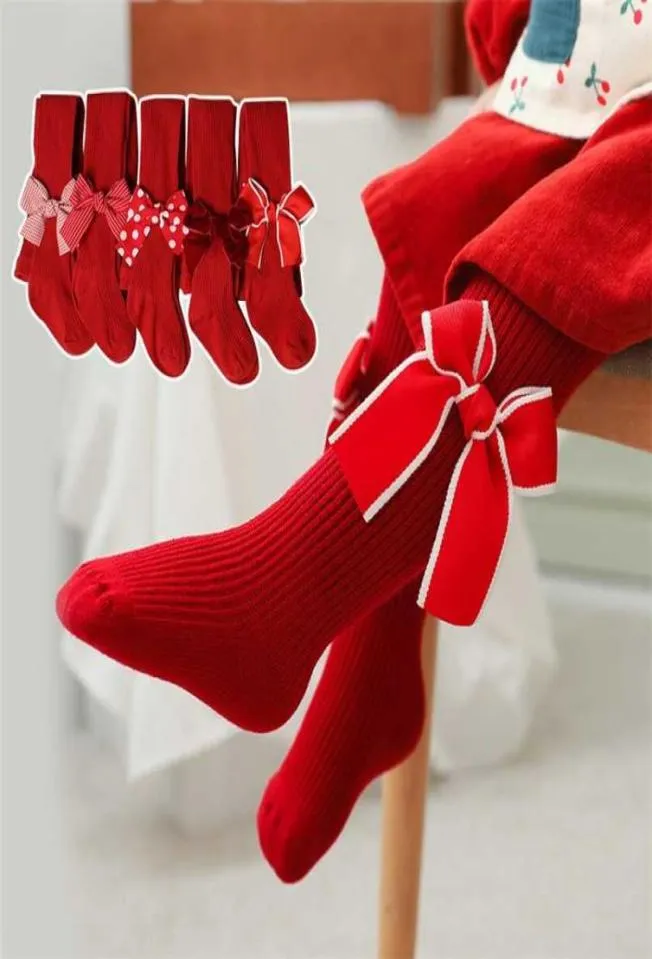 Dziewczęta Baby Reds z Bow Botton Dzieci Patchwork Patchwork Stocking for Spring Kids Ratehose Girls 2110213769630