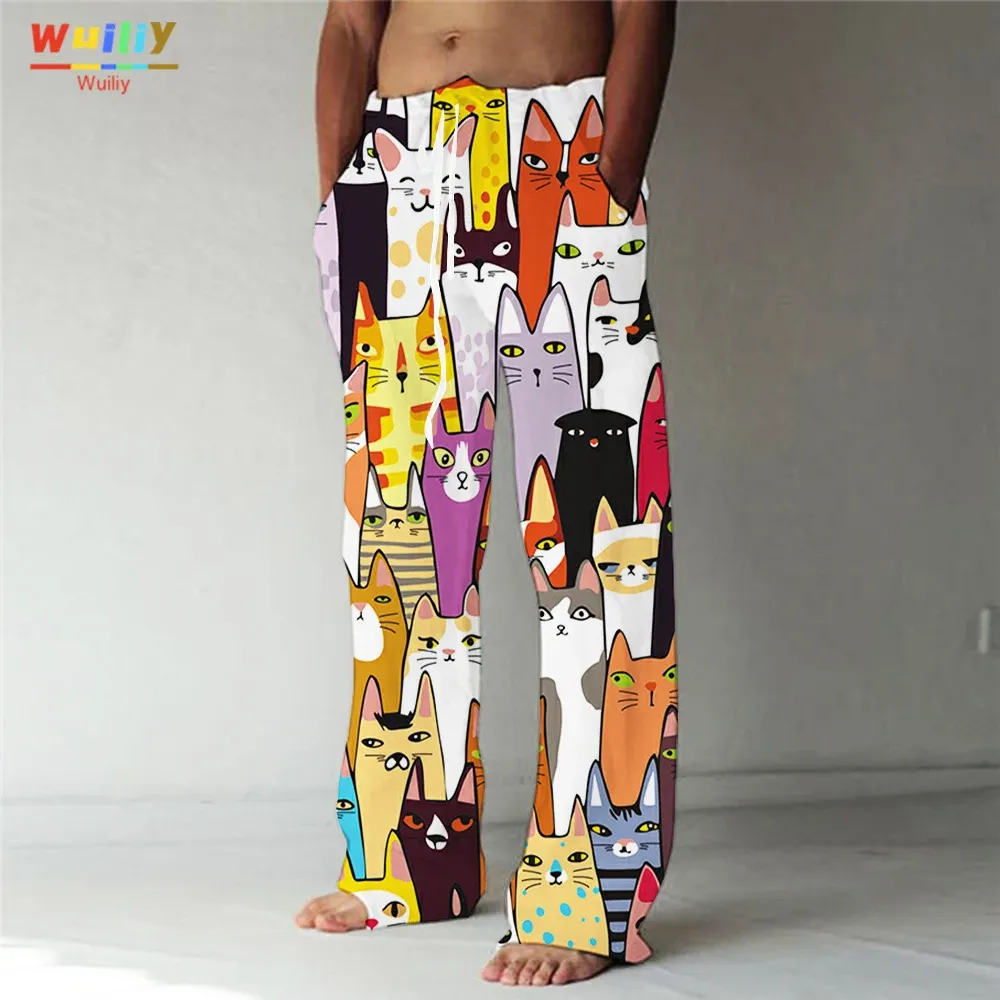 Pantaloni Pantaloni dritti da uomo con motivo gatto Stampa 3D Design elastico con coulisse Tasca frontale Pantaloni da spiaggia Cartoon Simpatico comfort grafico