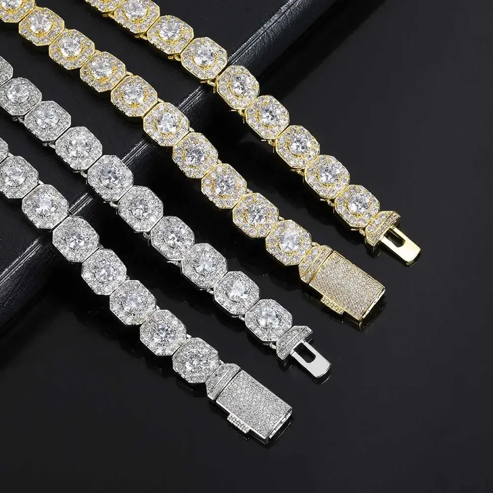 12mm Iced Out Square Cluster Tennis Chain Micro Pave Cubic Zircon Cuban Link Necklace Bracelet With Giftbox for Men Women 240226