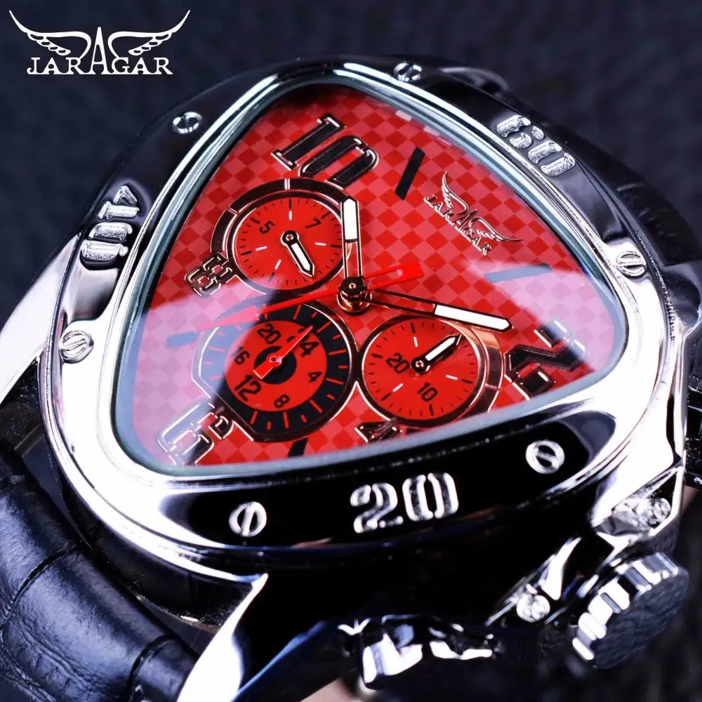 Watches Jaragar 2016 Sport Racing Series Red Fashion Dial äkta läderband Mense Male Wrist Watches Automatic Watch