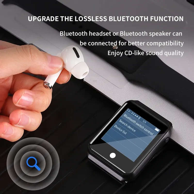 Oyuncular Metal Bluetooth Watch Mp3 Müzik Çalar Hifi Ses Kalitesi Bluetooth 5.0 Destek TF Kart FM/E -Kitap/Pedometre Bilek MP4