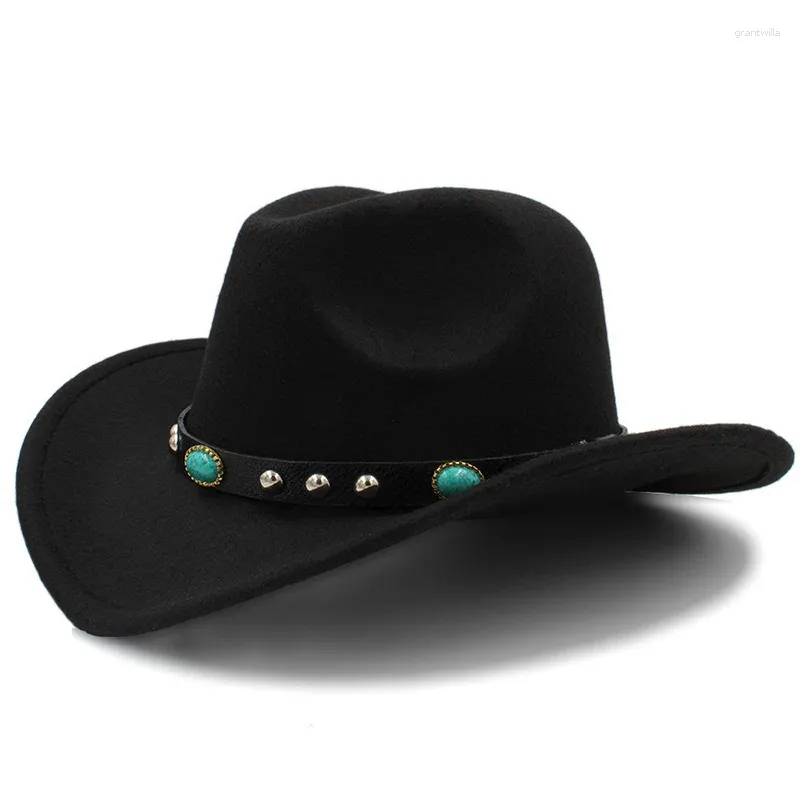 Boinas Invierno Cálido Hombres Mujeres Retro Lana Fieltro Sombrero de vaquero occidental Ala ancha Vaquera Kallaite Trenza Banda de cuero (54/57/61 CM Cuerda de ajuste)