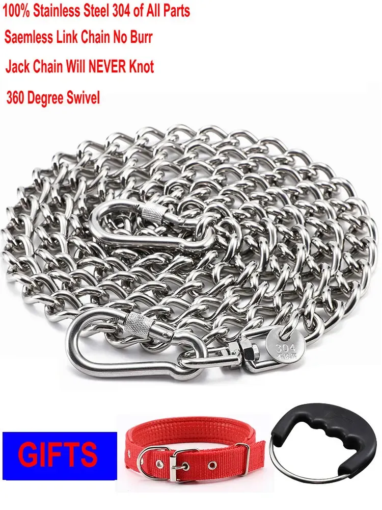 Leashes HQ LC02 100% rostfritt stål 304 Sömlöst ingen knut Jack Link Chain Pet Dog Leash Liten Large Dogs Lead Leash With Collar Handle