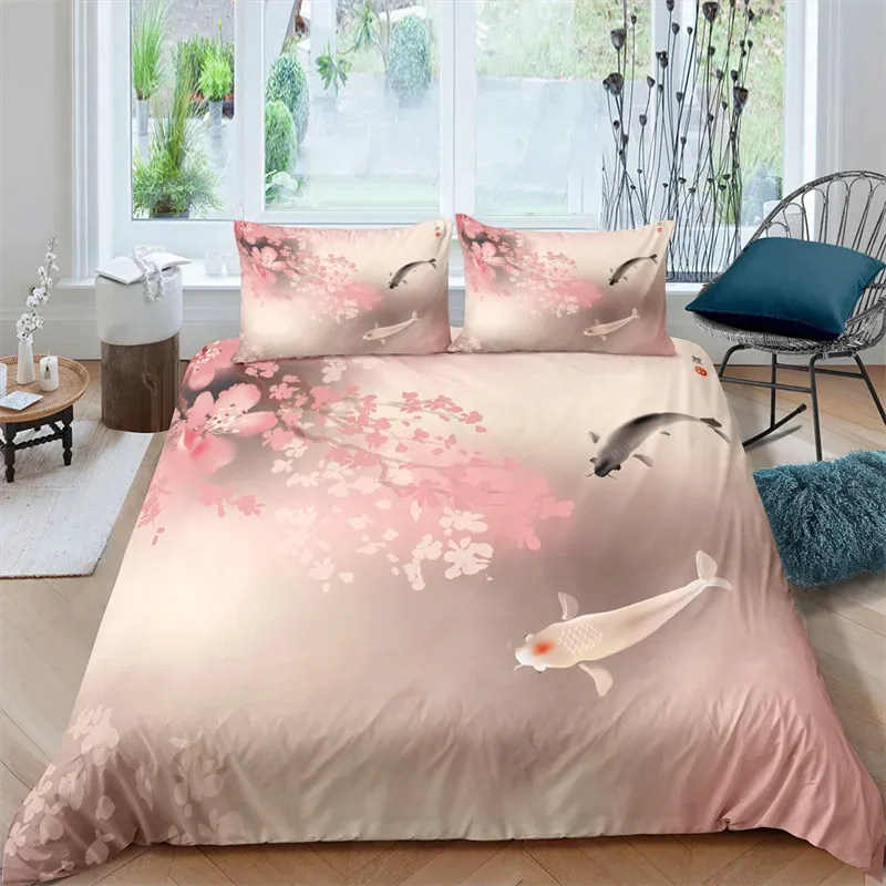 Set home tessile di lusso di lusso 3d prugna blossom koi stampa 2/3pcs per bambini piumino cuscino da letto set singola regina e re au/eu/usi US