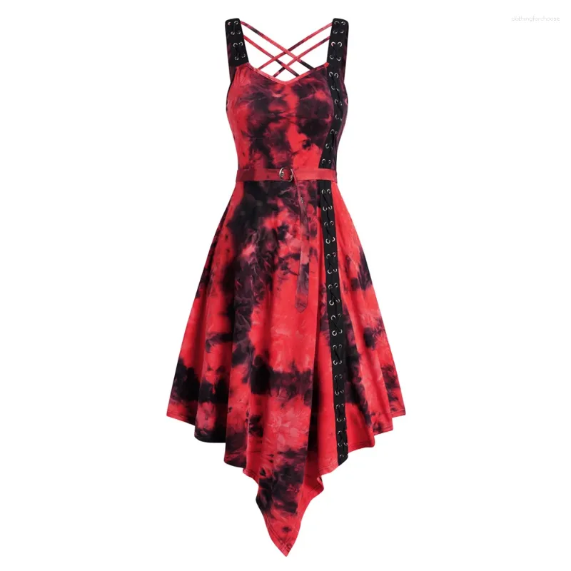 Vestidos casuais estilo gótico vermelho e preto tie dye print cinto assimétrico vestido cruzado lace-up ilhó midi