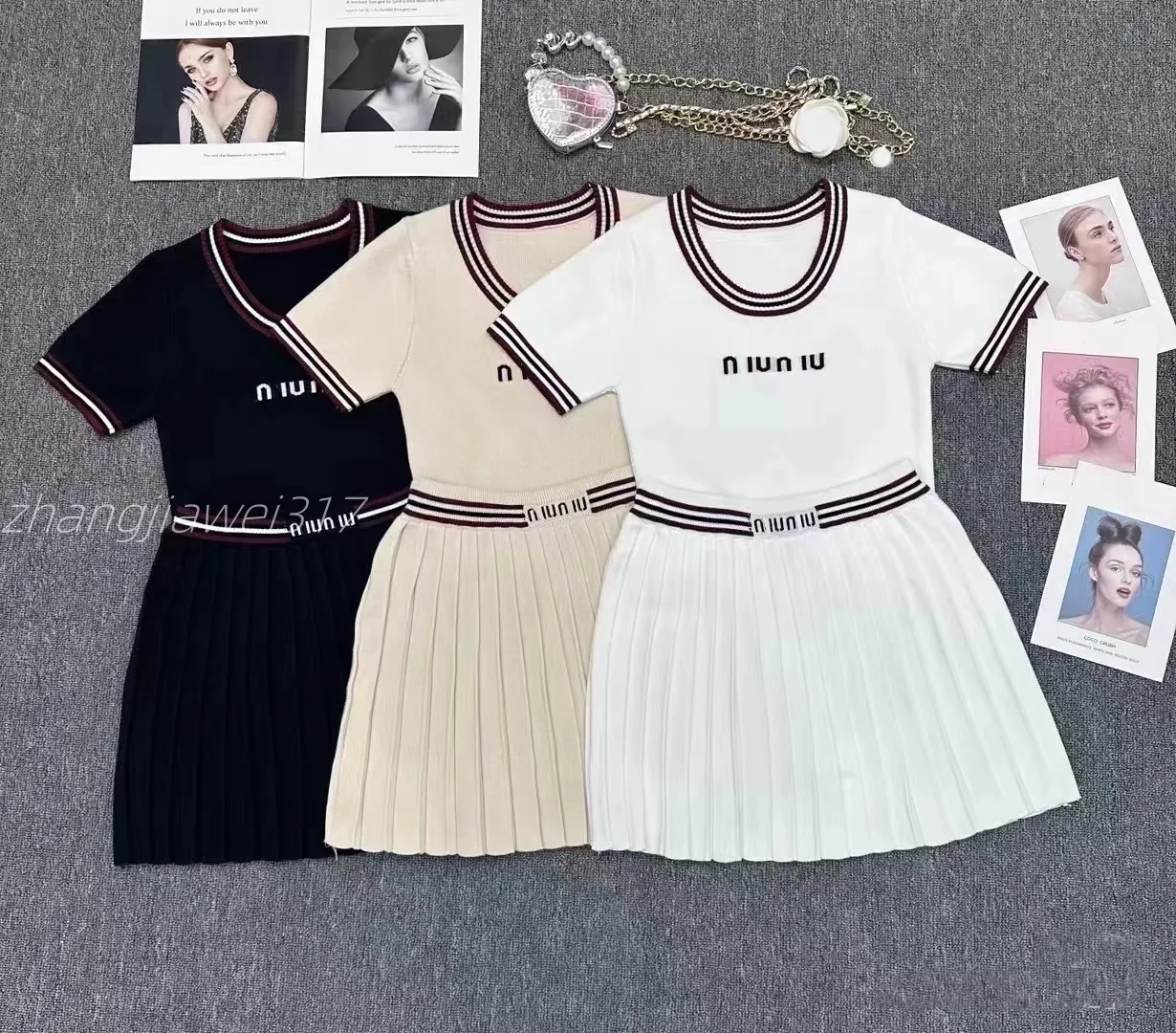 2024 Designer ladies Spring/summer fashion new letter embroidery knitted round neck slim short sleeve + Ladies luxury pleated skirt summer luxury casual 2-piece set