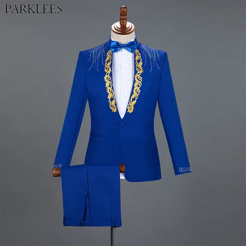 Garnitury Diamond Royal Blue Men Zestaw Gold Hafted Wedding Mens Slim Fit Męskie garnitury z spodniami PROM STAK STACJA MAŁN