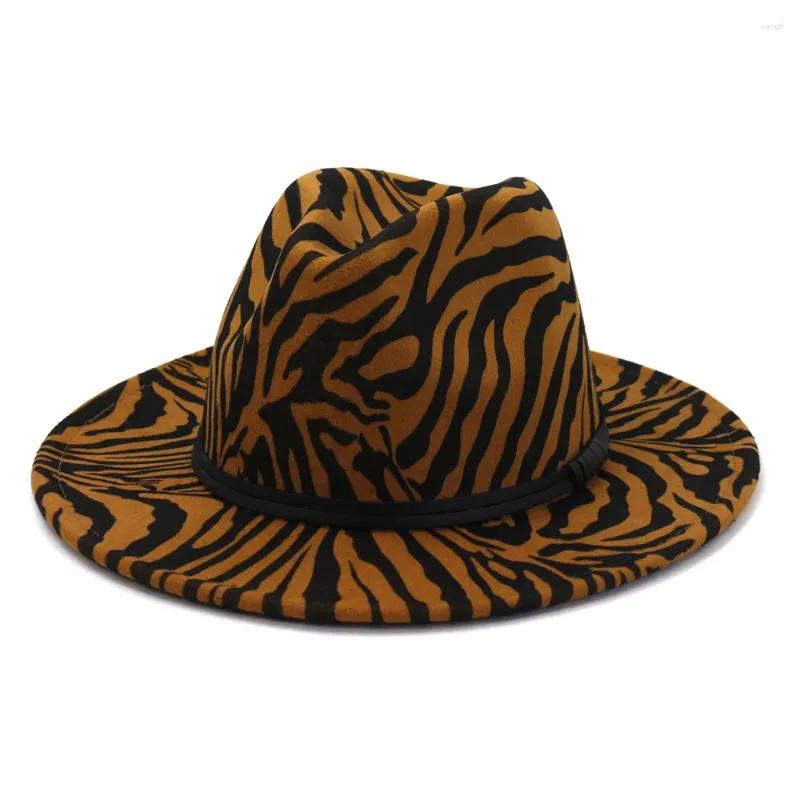 Berets Zebra Imprimir Top Hat para Mulheres Homens Festa Casamento Faux Woolen Fedora Chapéus com Cinto de Couro Ampla Brim Sun