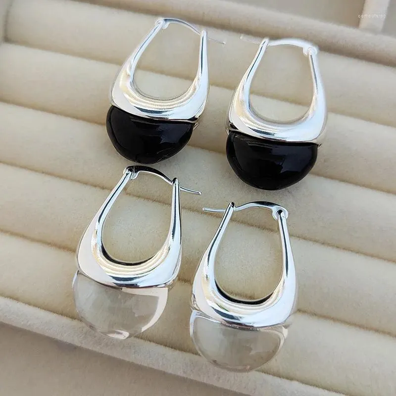 Hoop Earrings Clear Crystal Black Resin Vintage Geometric U Shaped Glossy Water Drop Metal Buckle For Women Jewelry