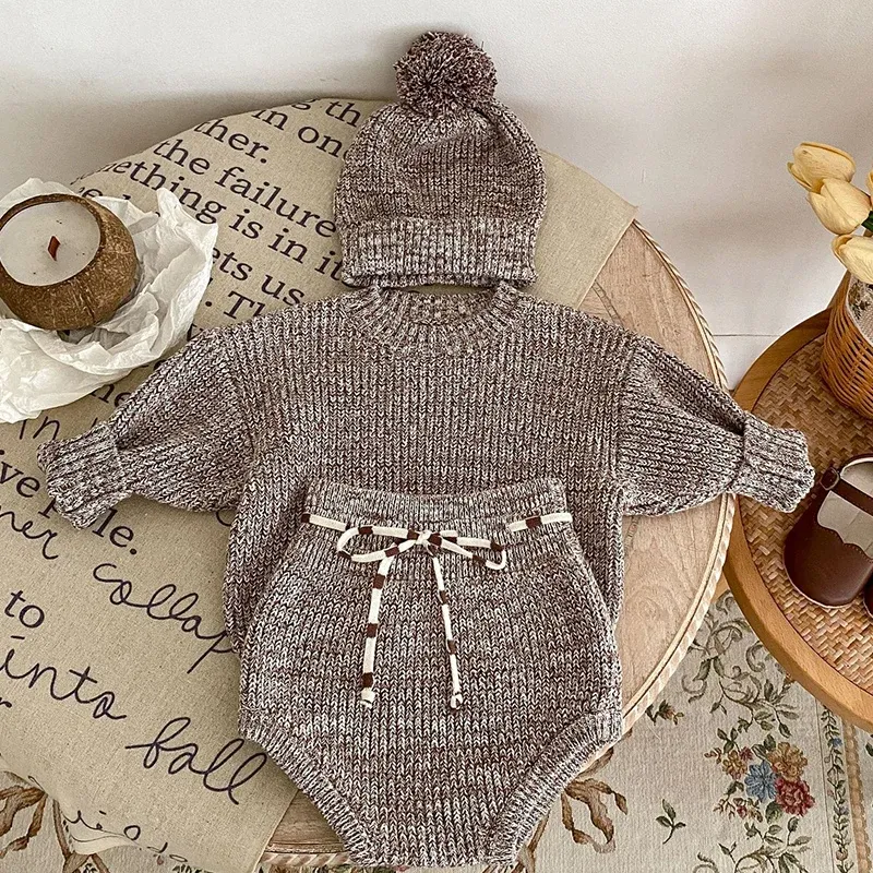 Ensembles Automne hiver Style coréen enfants vêtements tricotés ensemble pull à manches longues + short + chapeau infantile bébé filles vêtements à tricoter costume