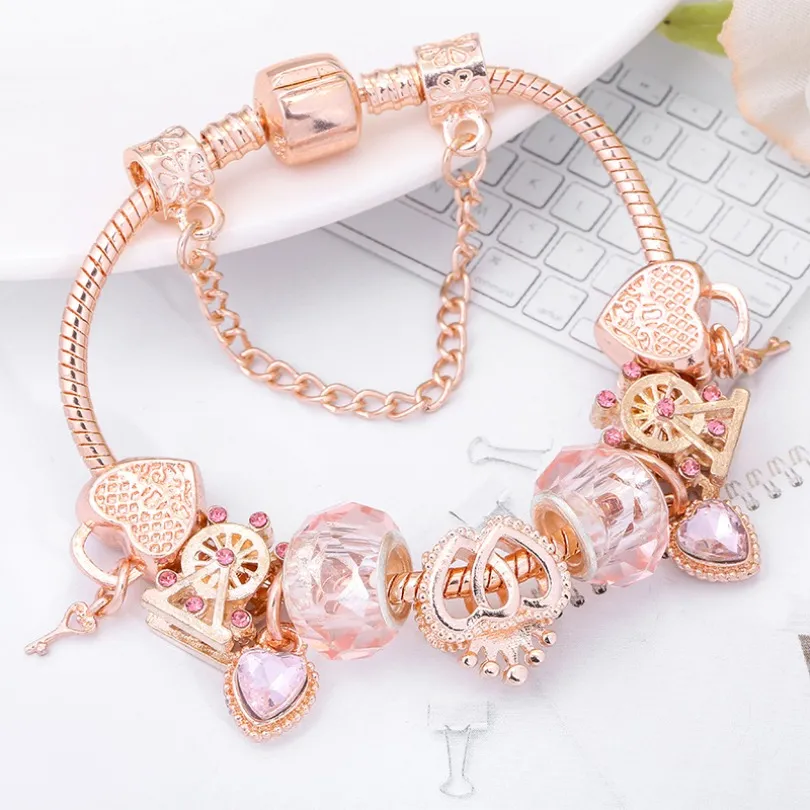 كلاسيكية أساور الذهب الوردية العلامة التجارية DIY Crystal Ferris Wheel Bracelet Bracelet Style Heart Pendant Pendant Sweled Bracelet Wholesale Jewelry