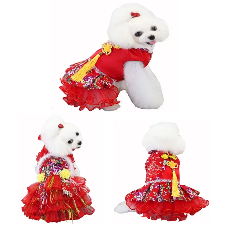 Vestidos para animais de estimação, traje tradicional chinês tang, festas, roupas de casamento para ano novo, natal, cachorro pequeno, yorkshire, chihuahua