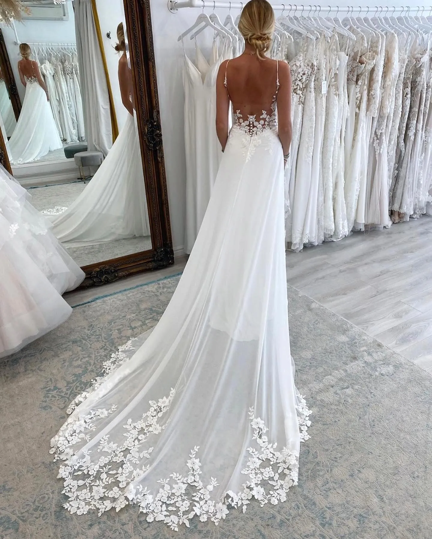 Boho A Line Lace Wedding Dress, Spaghetti Strap Gown