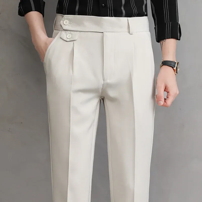 Spodnie plisowane cienkie męskie spodnie Czarne białe szczupłe spodnie sukienki Mężczyźni spodnie Biuro Busines