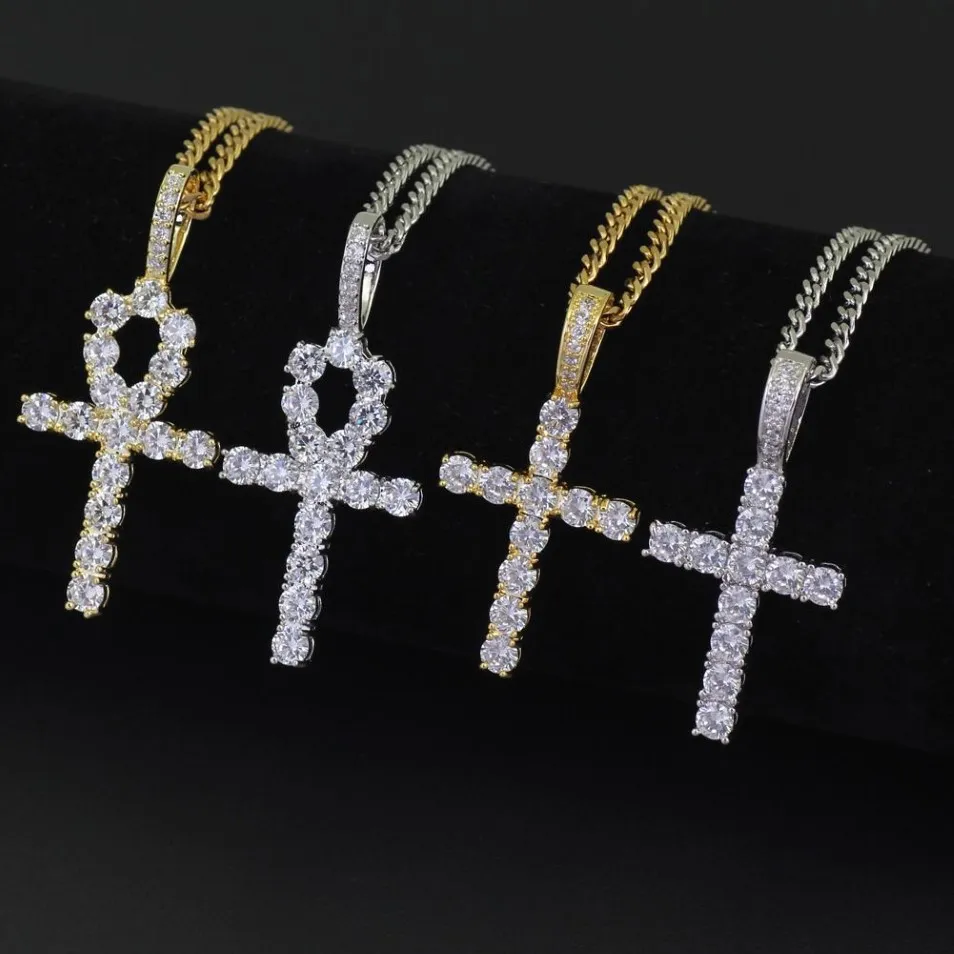 Collier pendentif glacé pour hommes, en or, Hip Hop, croix Anka, bijoux avec chaîne à maillons cubains de 3mm, 254R