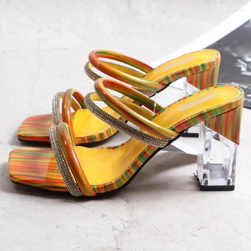 Slippers 2024 Women 9cm High Heels Mules Slides Square Block Clear Crystal Rainbow Girls Summer Colorful Fetish Red Shoes