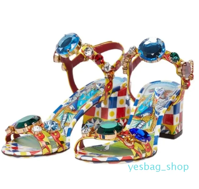 women Ladies Genuine patent sandals dress shoes 6CM chuckly high heels peep-toe wedding party sexy print buckle Strap diamond Bohemia colourful size