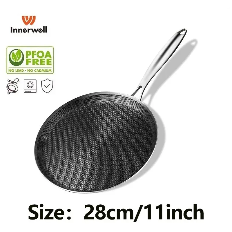 Innerwell Stainless Steel Frying Pan Pizza 28cm Nonstick Antiscald Handle Omlette Pot Breakfast Steak Burger Cook Utensils 240226