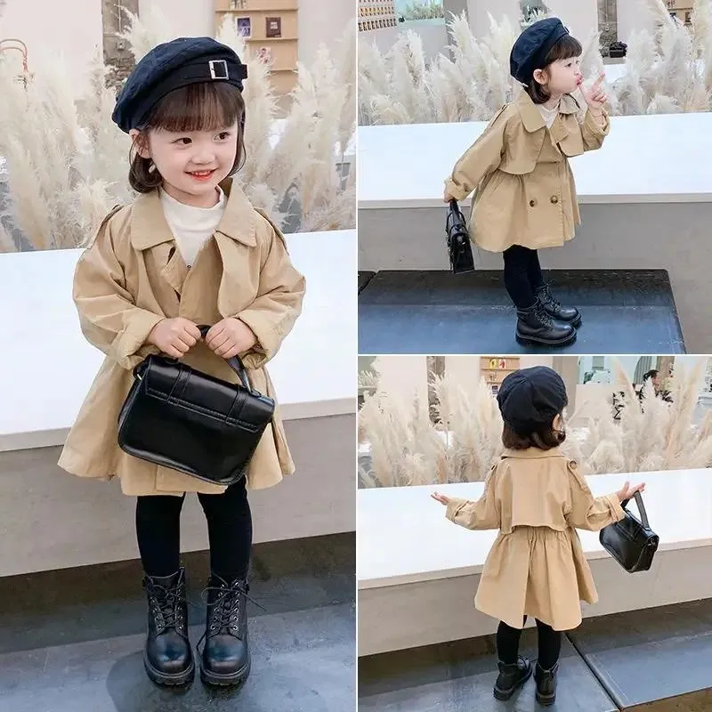 Płaszcz 3-11 lat wiosna jesień dziewczynki w stylu koreański Kawaii Trench maluch maluch w połowie długiej kurtki długie rękawy ubranie odzieży wierzchnia